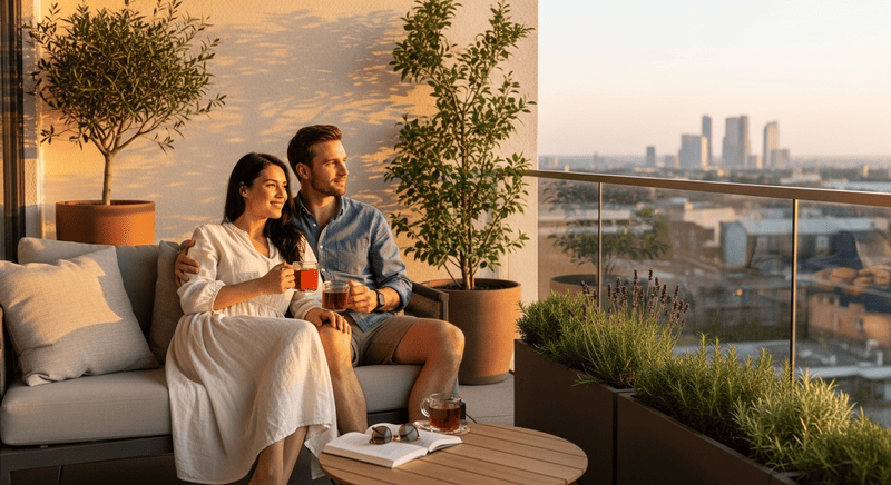 Couple relaxing on balcony garden with Dubai skyline background.