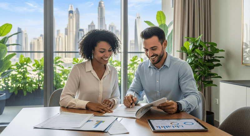 Couple reviewing Dubai property investment documents in modern apartment