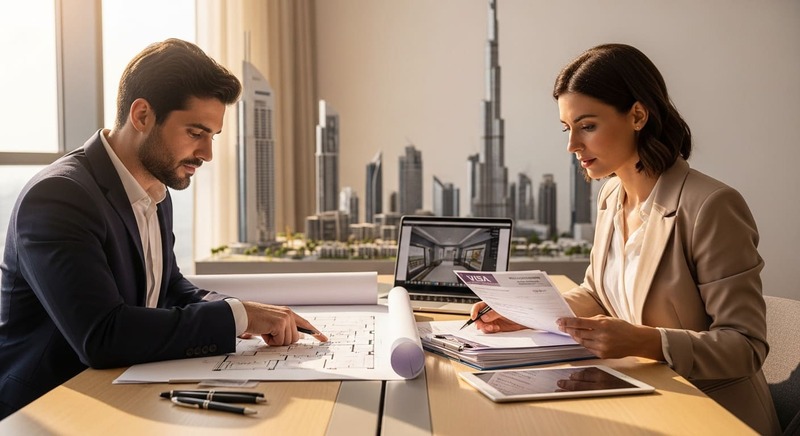 Couple reviewing Dubai property plans and residency documents while planning investment strategy.