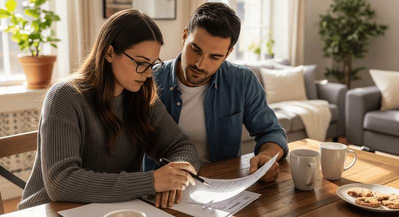 Couple reviewing mortgage documents in a bright Dubai home