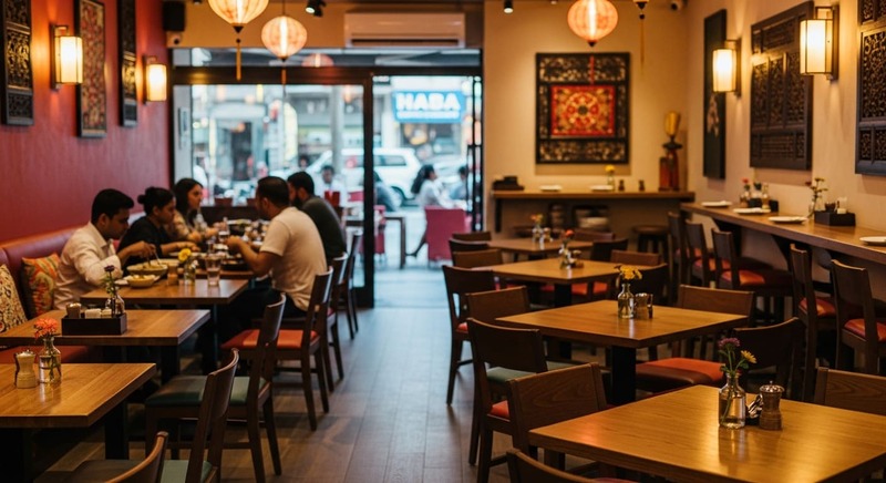 Cozy neighborhood Asian-inspired restaurant interior with warm lighting and casual seating.