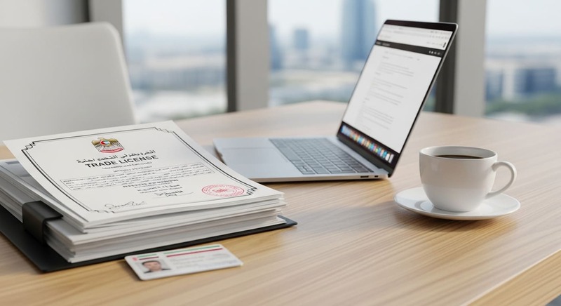 Desk with Dubai trade license papers, UAE ID card and laptop in a modern office.