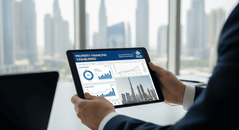 Digital property financing concept showing Dubai Land Department system interface