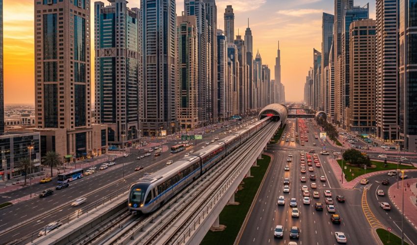 Dubai Metro Red Line trains running along Sheikh Zayed Road with Dubai skyline at sunset