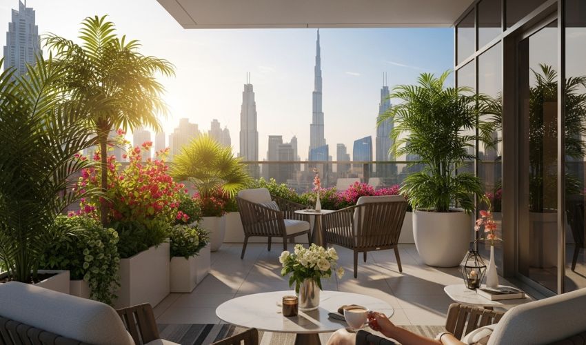 Dubai balcony garden with skyline view and lush green plants