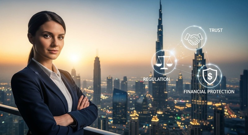 Dubai investor overlooking skyline with visual icons representing trust, regulation and escrow protection.