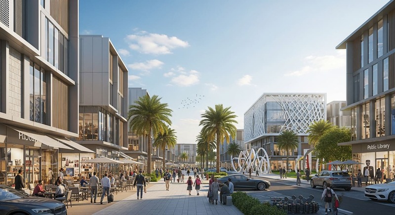 Dubai neighbourhood with cafés, retail, and schools showcasing the lifestyle and amenities of a modern community.