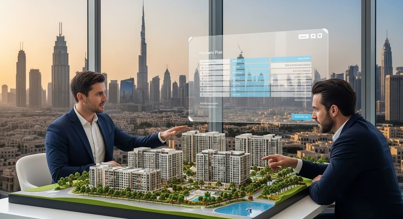 Dubai off-plan project model with developer explaining payment plan.