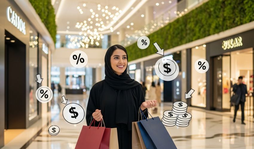 Dubai resident shopping in a mall using discount benefits from Esaad or Fazaa for fashion and lifestyle savings