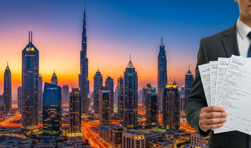 Dubai skyline at sunset with an investor reviewing property and business documents.