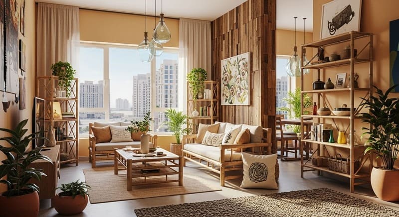 Eco-friendly JVC apartment interior with bamboo décor, indoor plants, and sustainable materials