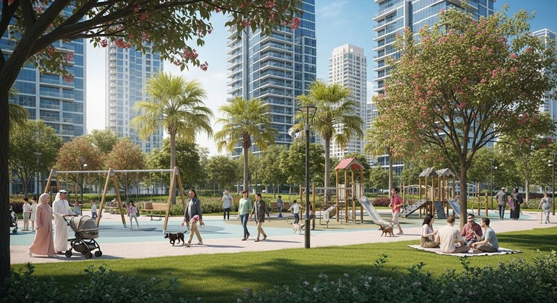 Families walking in a green Dubai community park with play areas and residential buildings in the background.