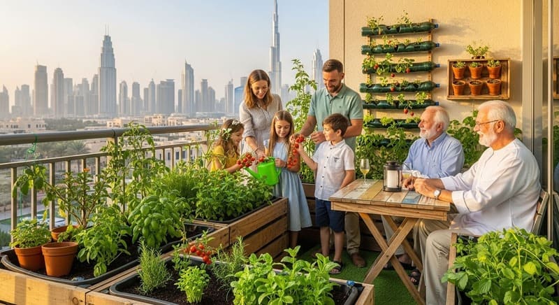 Family enjoying green balcony garden in Dubai eco-friendly apartment