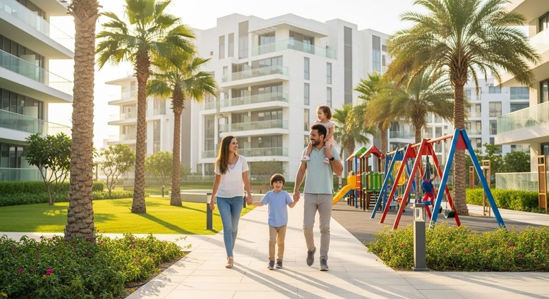 Family walking through a modern Dubai residential community symbolising long-term residency.