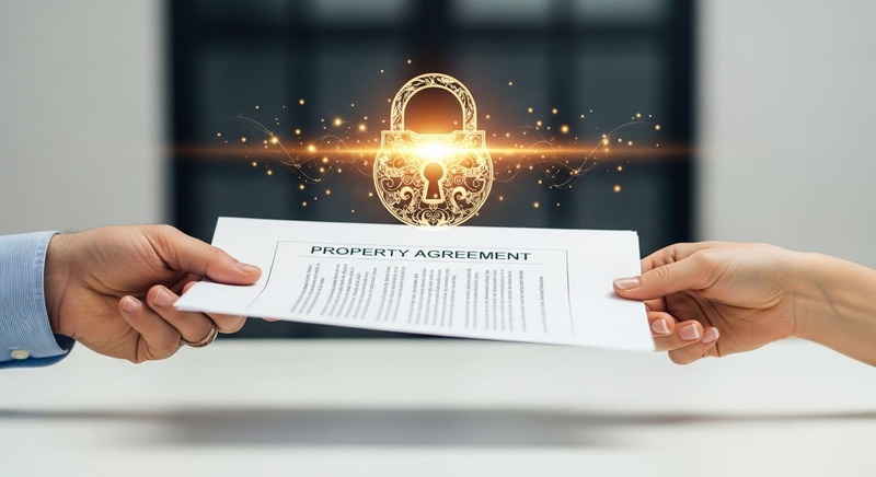 Hands exchanging property contract with a lock symbol showing secure escrow protection in Dubai real estate.