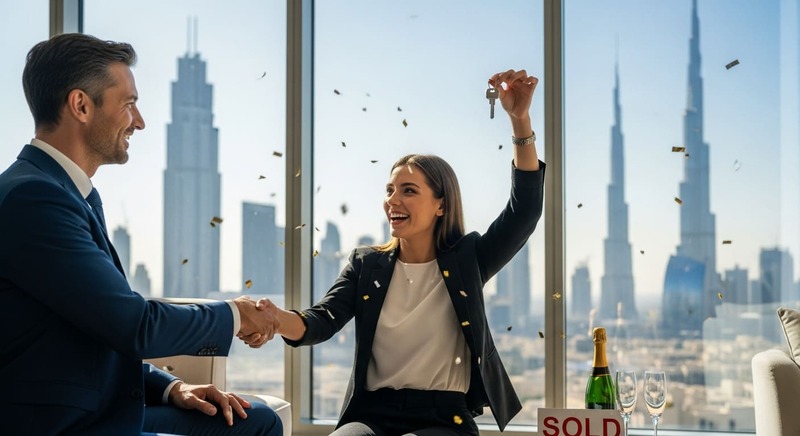 Happy homebuyer receiving keys after completing Dubai property contract.