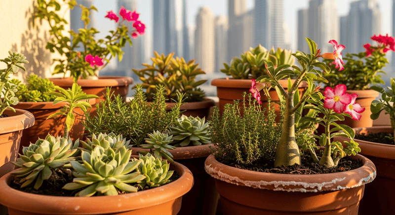 Heat-tolerant plants in Dubai balcony garden with terracotta pots