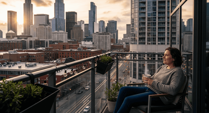 Homeowner relaxing on a modern Dubai balcony with skyline view