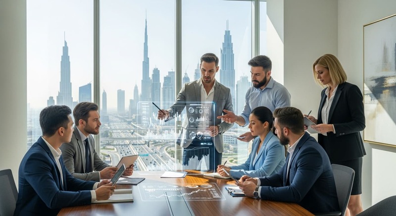 International investors meeting a consultant in a Dubai office to discuss licenses and residency.