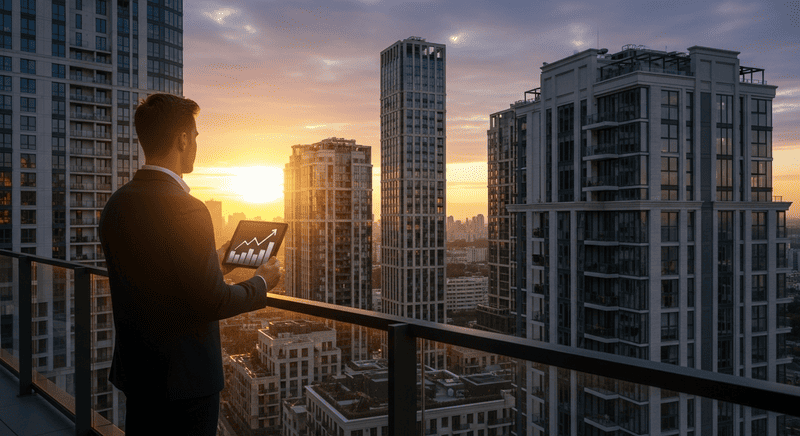 Investor enjoying Dubai sunset view over luxury residential properties.