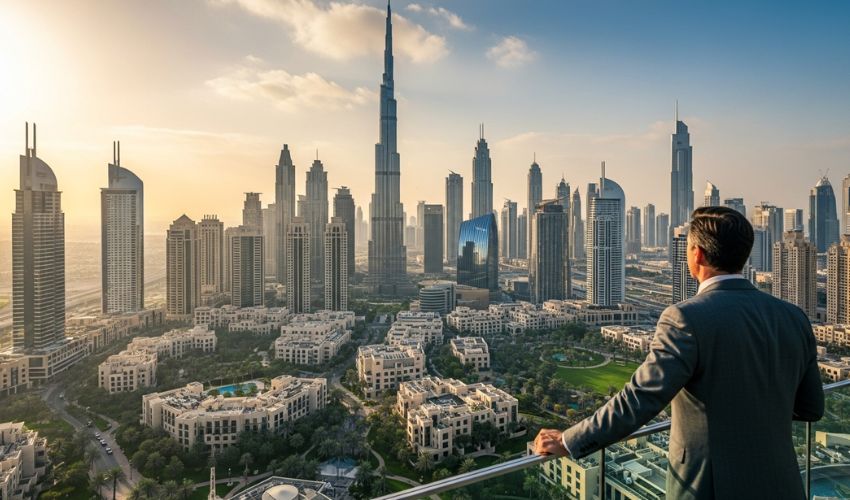 Investor overlooking Dubai skyline with modern residential towers and luxury developments