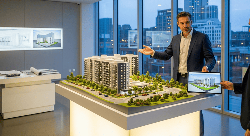 Investor viewing off-plan property model in Dubai.