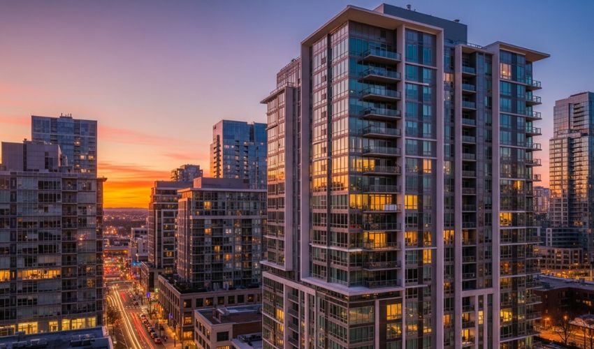 Modern Dubai apartment exterior with city skyline at sunset