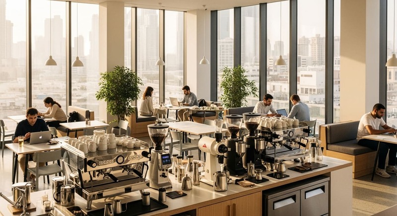 Modern Dubai café interior with bright natural light, minimalist design, and people working on laptops.