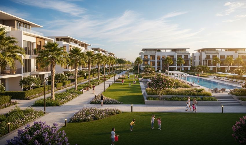 Modern residential community in Dubai with landscaped green areas, mid-rise buildings, and family-friendly urban design.