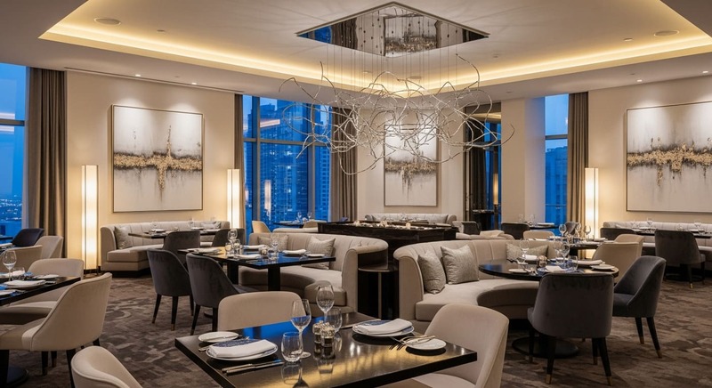 Modern upscale Dubai hotel restaurant interior with elegant lighting and contemporary seating.