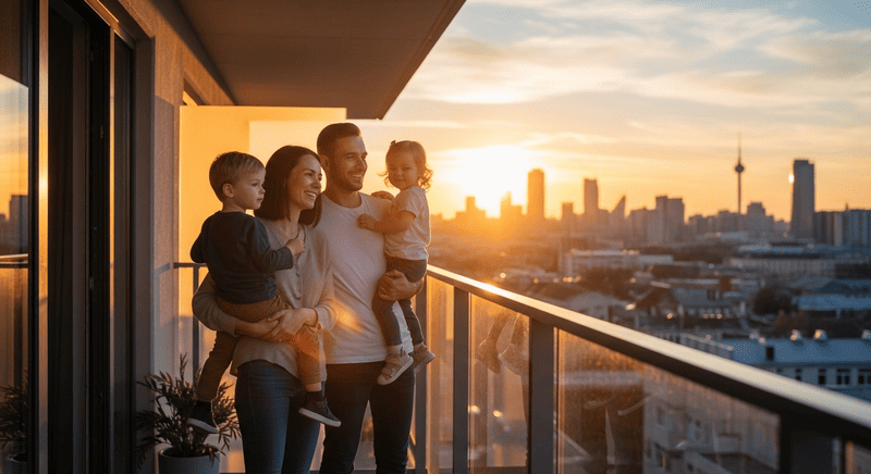 New homeowners celebrating apartment purchase in Dubai.
