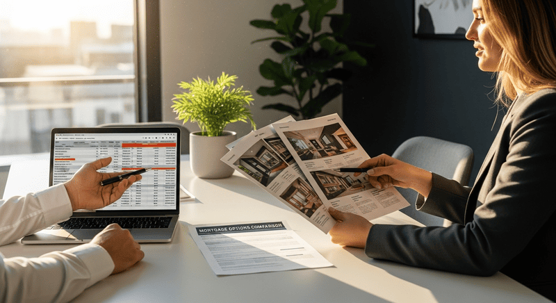 Professionals comparing property financing options in Dubai office.