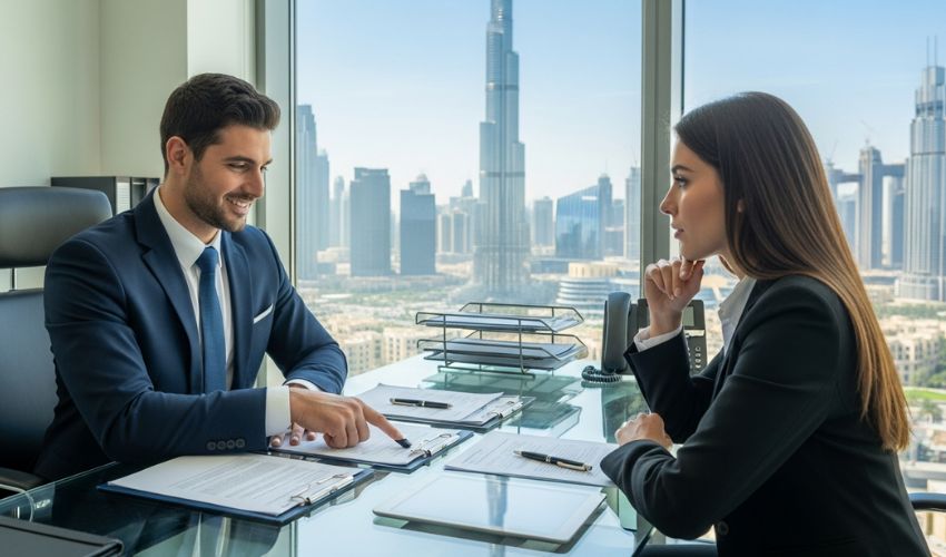 RERA-licensed broker explaining Dubai real estate contracts to a buyer.