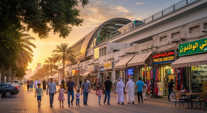 Residents near a Dubai Metro Green Line station in a community with low-rise buildings and shops