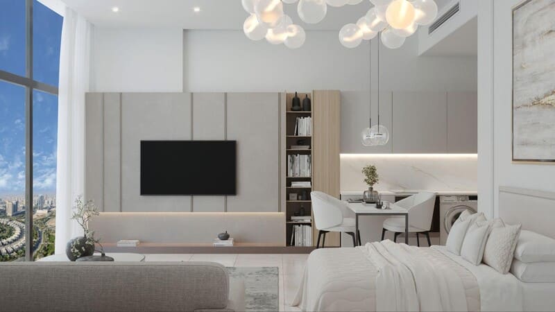 Sereno Residences JVC apartment interior with open-plan design, natural lighting, and luxury finishes
