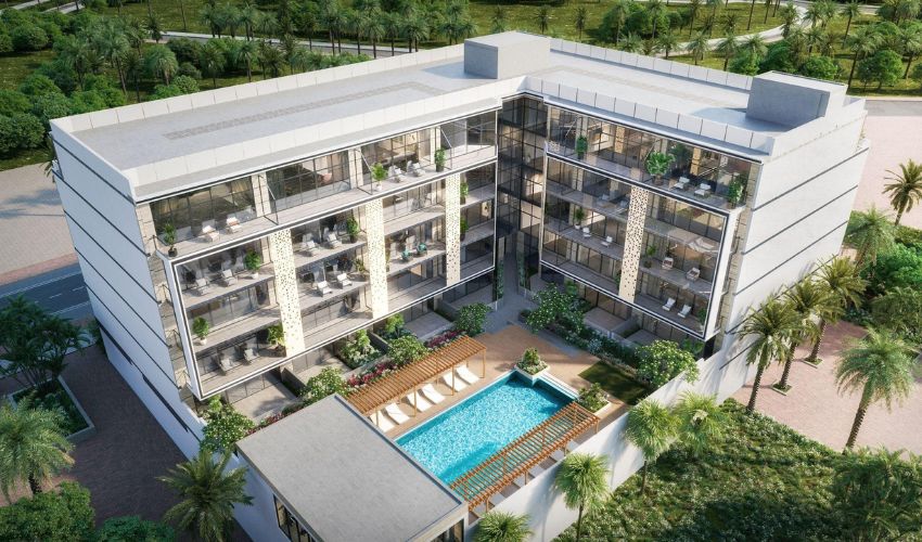 Sereno Residences JVC exterior view with rooftop pool, landscaped gardens, and modern apartment design