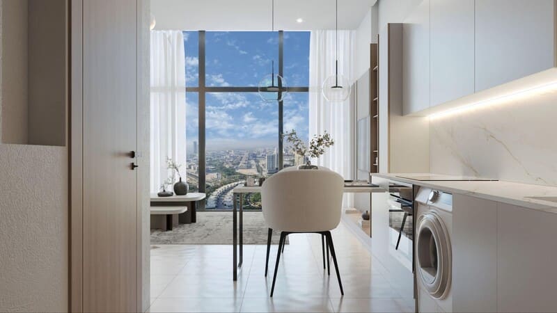 Smart-home technology inside a modern Dubai apartment showcasing automated lighting and climate control.