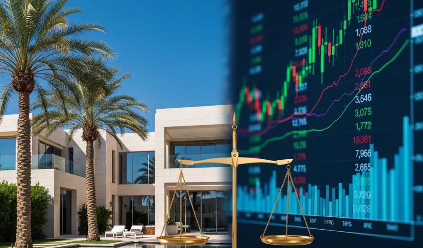 Split view of Dubai real estate and stock market visuals representing investor choice in UAE for 2025