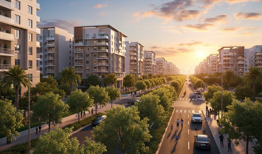 Sunset view of Jumeirah Village Circle Dubai with residential buildings and neighborhood streets.