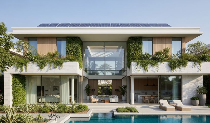Sustainable villa in Dubai with solar panels, natural lighting, and eco-friendly design