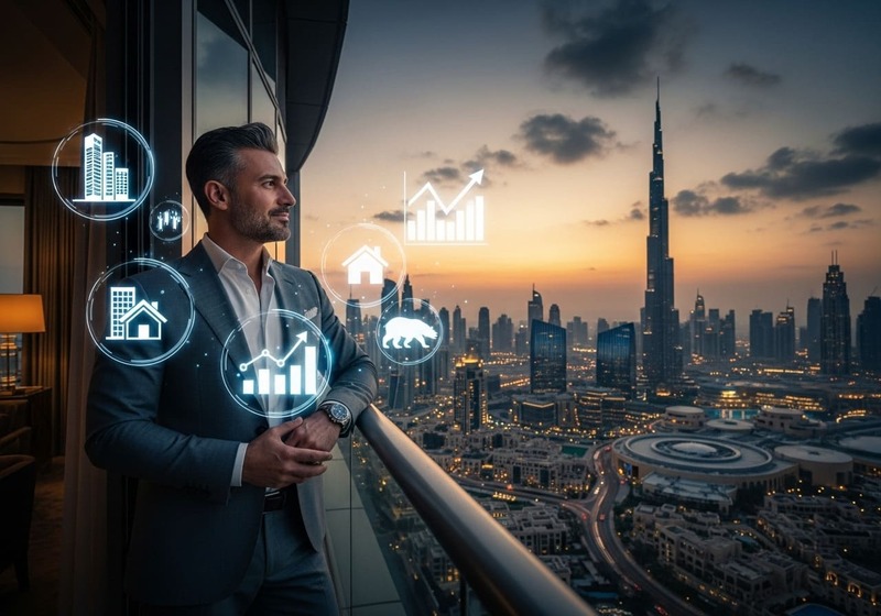 UAE investor overlooking Dubai skyline evaluating real estate and stock options for smart investment in 2025