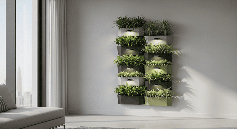 Vertical garden with solar lights in sustainable Dubai apartment
