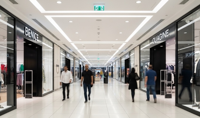 Circle Mall JVC interior shopping corridor retail stores modern design Dubai community mall District 11 amenities