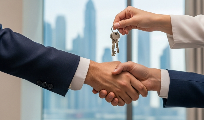 Dubai property handover keys exchange real estate transaction completion ceremony buyer receiving apartment keys UAE
