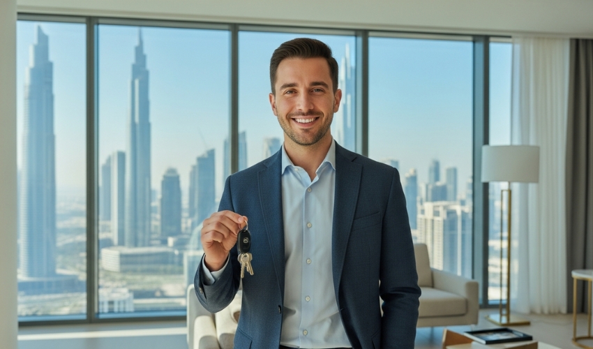 Young professional holding studio apartment keys Dubai first time property buyer celebrating home ownership city skyline