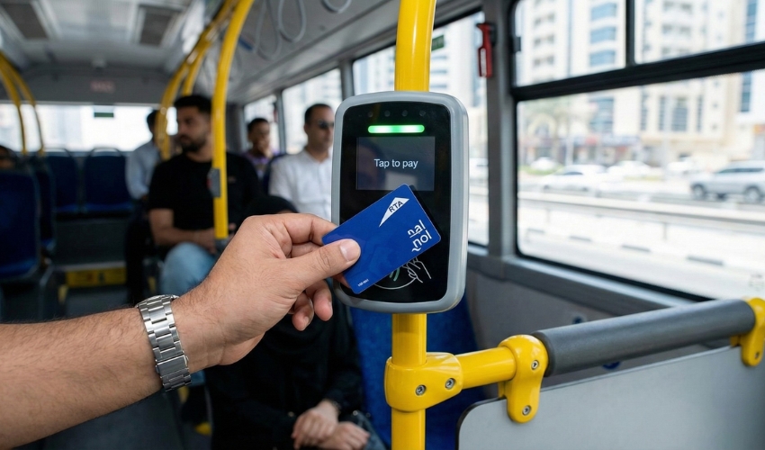 Nol card payment RTA bus Dubai public transport contactless payment JVC bus fare card reader
