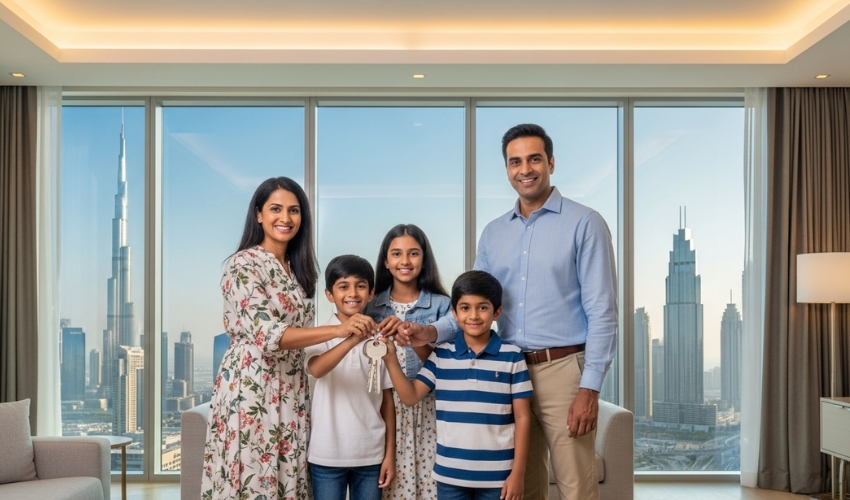 Indian expat family celebrating Dubai property purchase holding keys Indian investors NRI real estate investment UAE