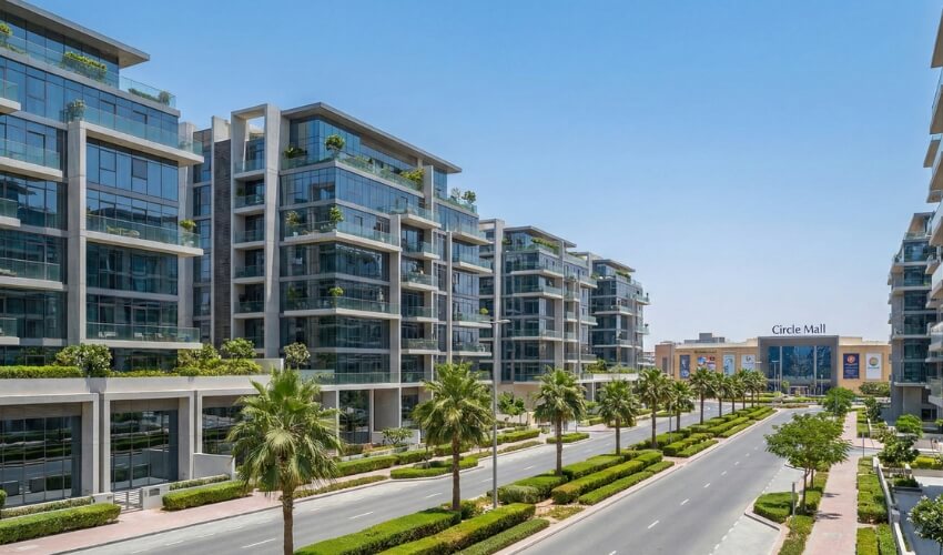 District 11 JVC modern apartment buildings featuring contemporary architecture near Circle Mall Dubai retail center