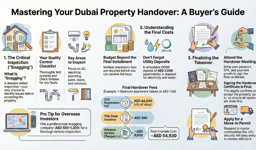 Dubai property handover guide infographic showing snagging inspection costs AED 54,930 fees DEWA deposit handover meeting