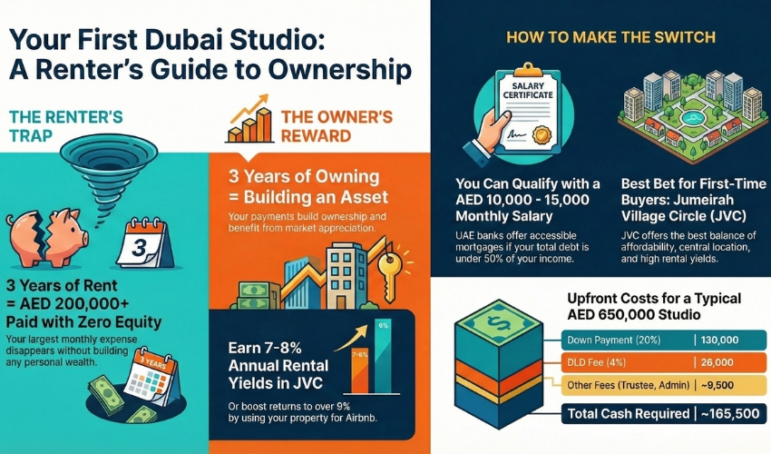 Renter vs owner comparison Dubai studio apartment 3 years AED 200K rent lost vs equity building JVC 7-8% yields ownership.
